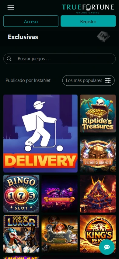 Pantalla de juegos exclusivos en True Fortune con buscador y botón de registro