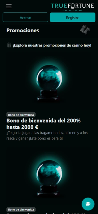 Sección de promociones en True Fortune con bono de bienvenida del 200 %