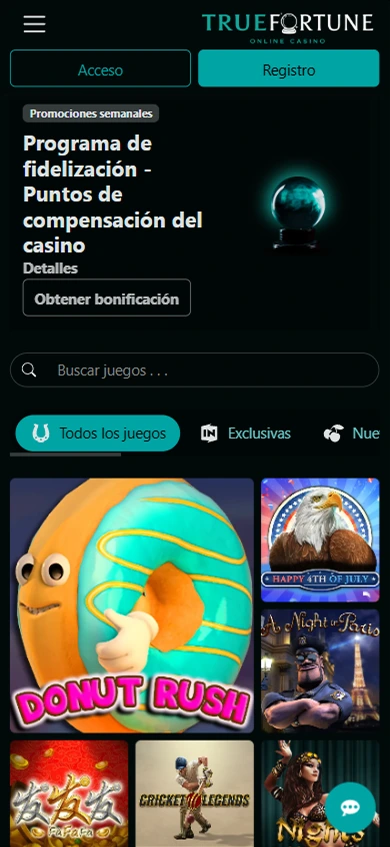 Programa de fidelización y galería de juegos en True Fortune Casino móvil