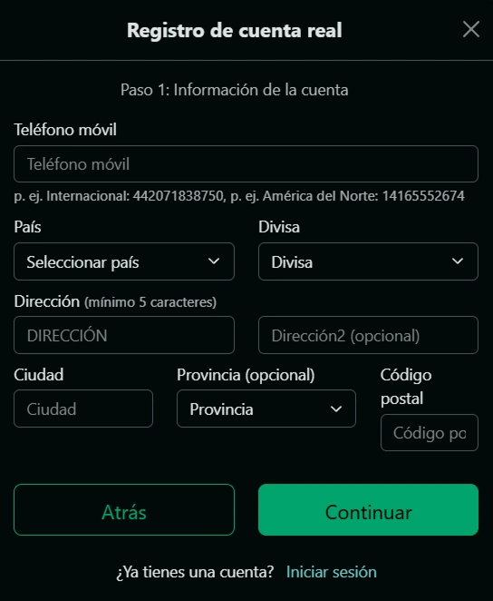 Formulario de registro: teléfono, país, dirección y divisa del usuario