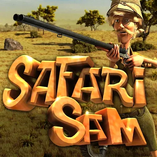 Safari Sam slot with explorer holding rifle in savannah